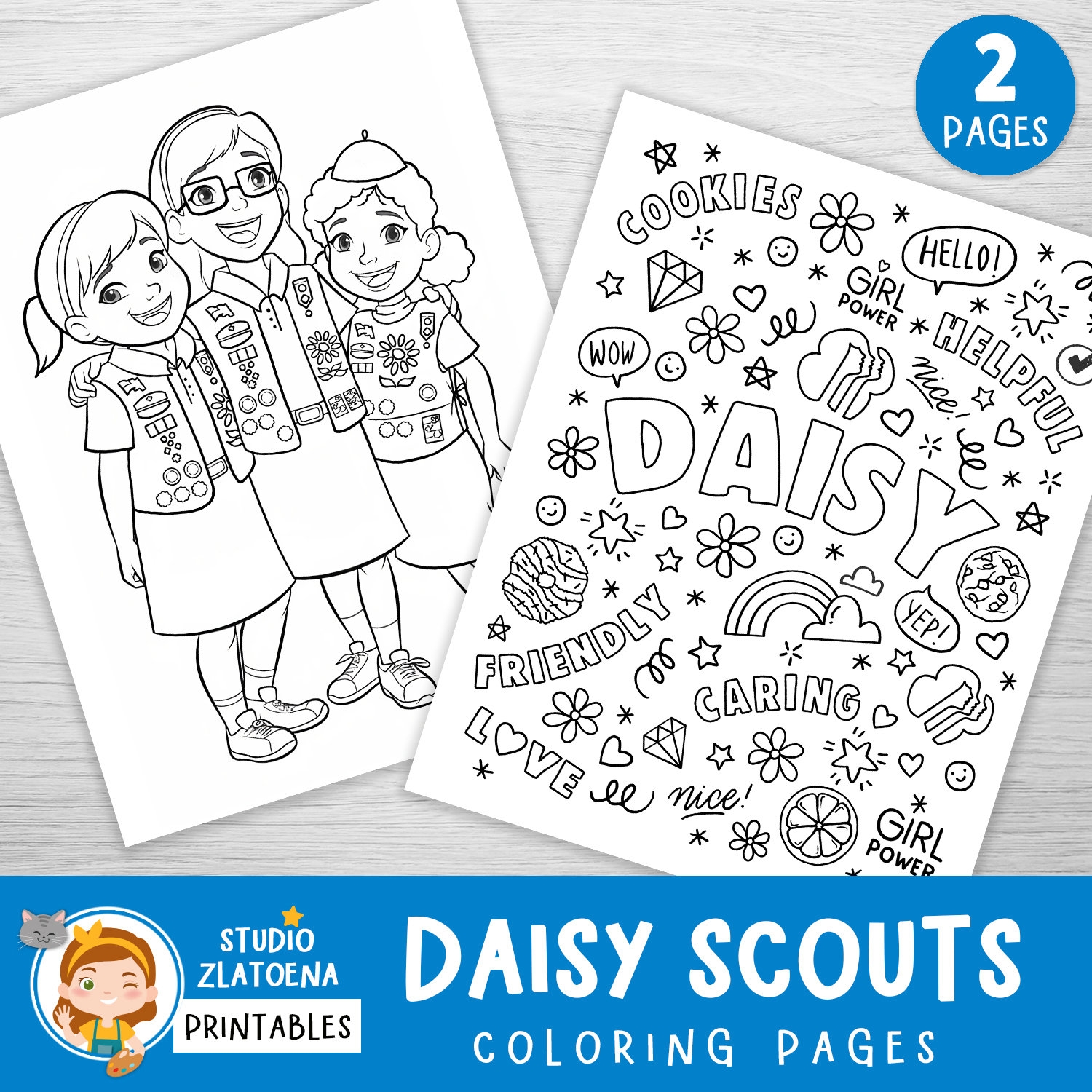 2 Daisy Girl Scouts Coloring Pages Girl Scout Coloring Book Scout Coloring Pages Girl Scout Leader Fun Printables Girl Scout Activity Etsy