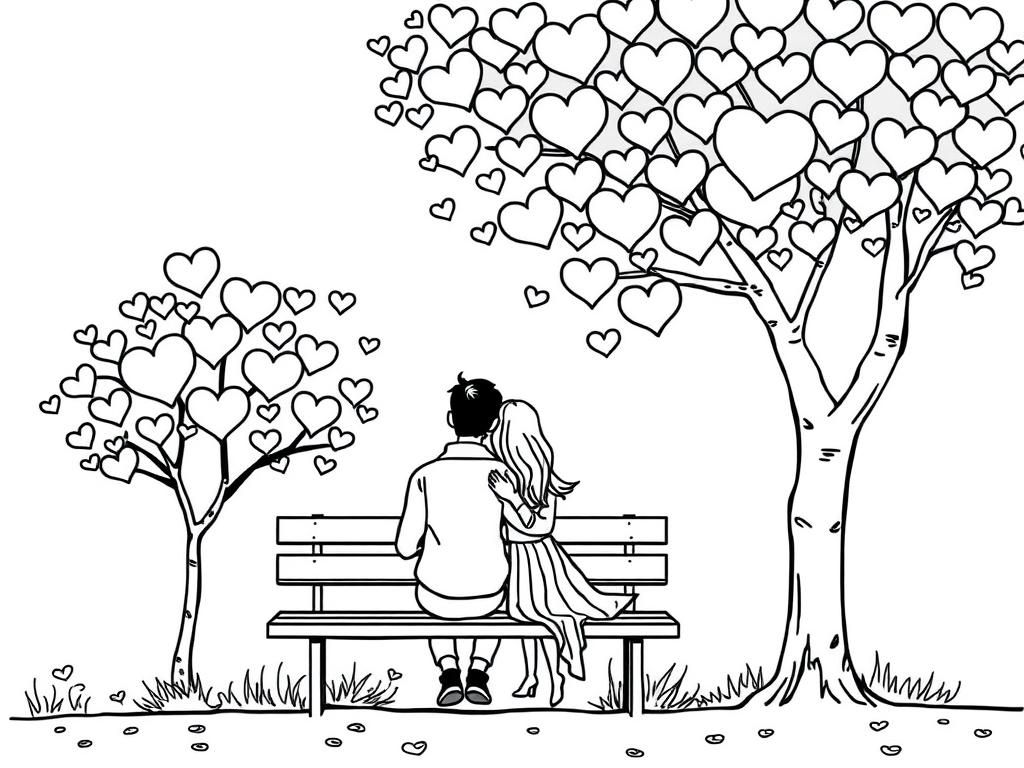 A Romantic Couple Sitting On A Park Bench Under A Tree Full Of Heart shaped Leaves A Fun Valentines Day Coloring Page Free Printable Coloring Page