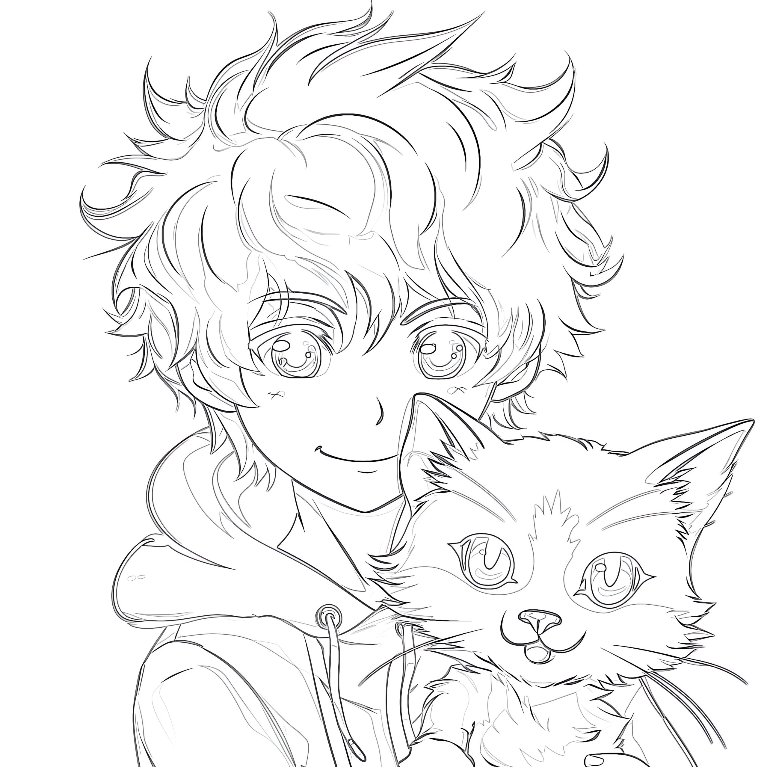 Anime Boy And Cat Coloring Pages Mimi Panda
