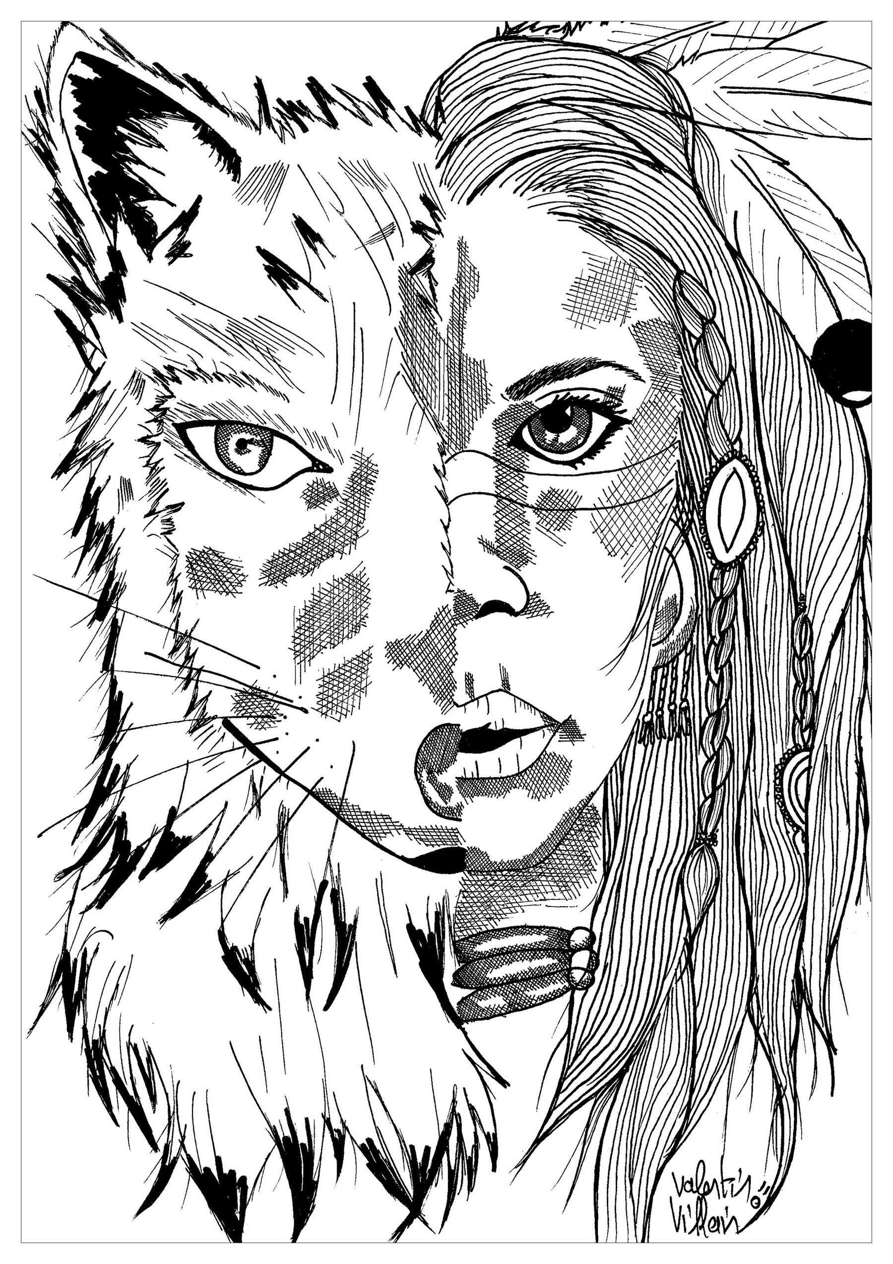 Wolf Girl With Christmas Hat Coloring Page
