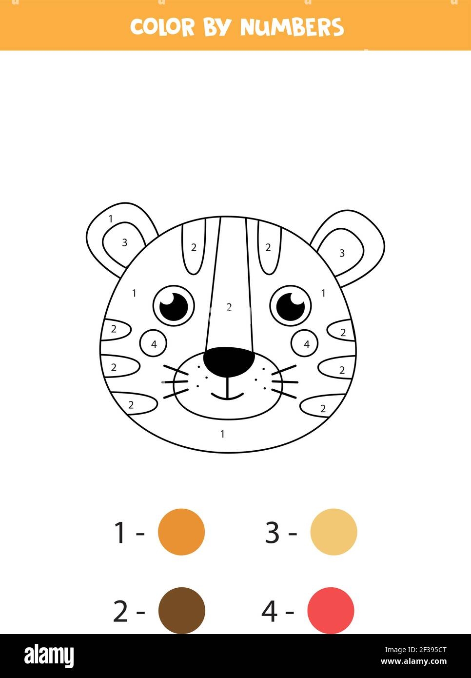 Coloring Page With Cute Tiger Face Color By Numbers Math Game For Kids Stock Vector Image Art Alamy