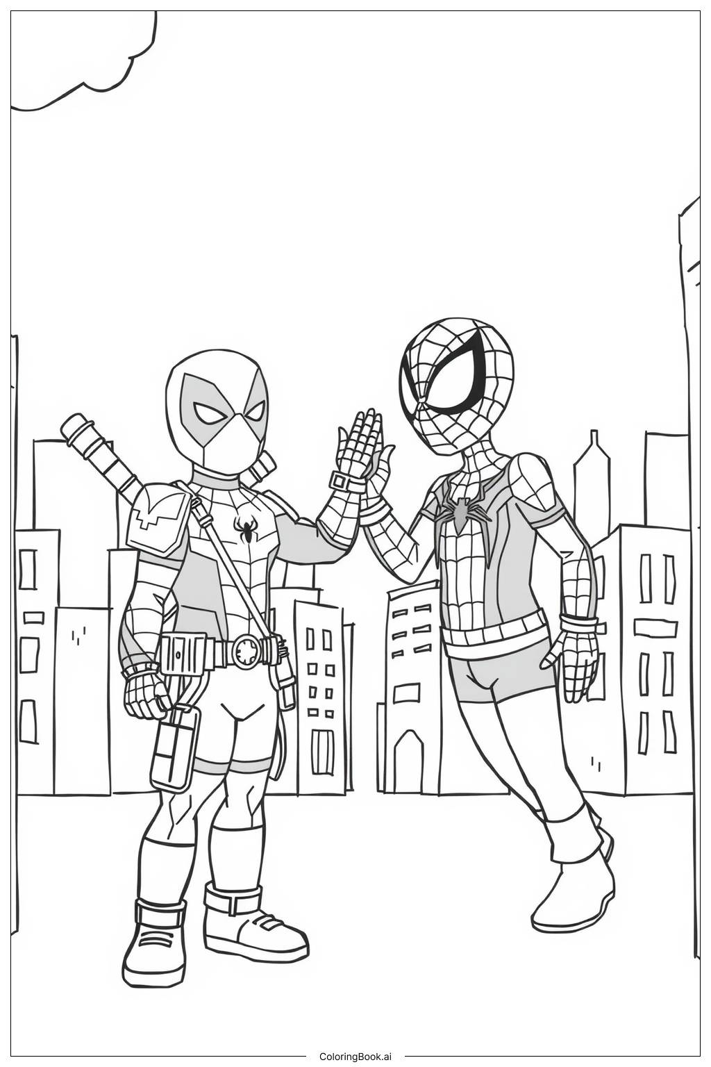 Deadpool And Spider Man Teamwork Coloring Page Free PDF PNG Printable 