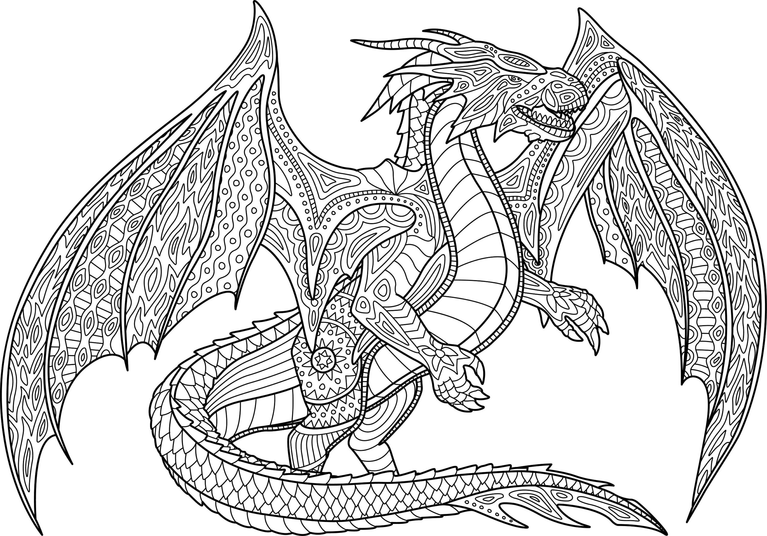 Dragon Coloring Page Medium Difficulty Printable For Kids Adults Digital Download Mandala Art Therapy Small Details Sci fi Etsy