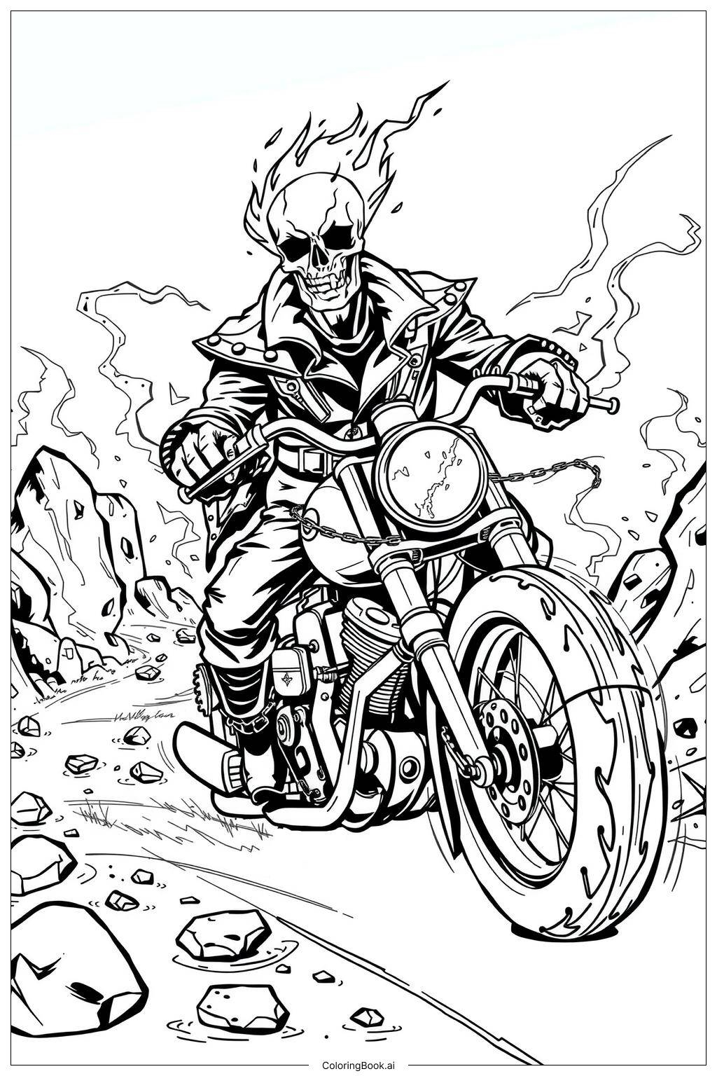 Ghost Rider On A Flaming Motorcycle Coloring Page Free PDF PNG Printable 