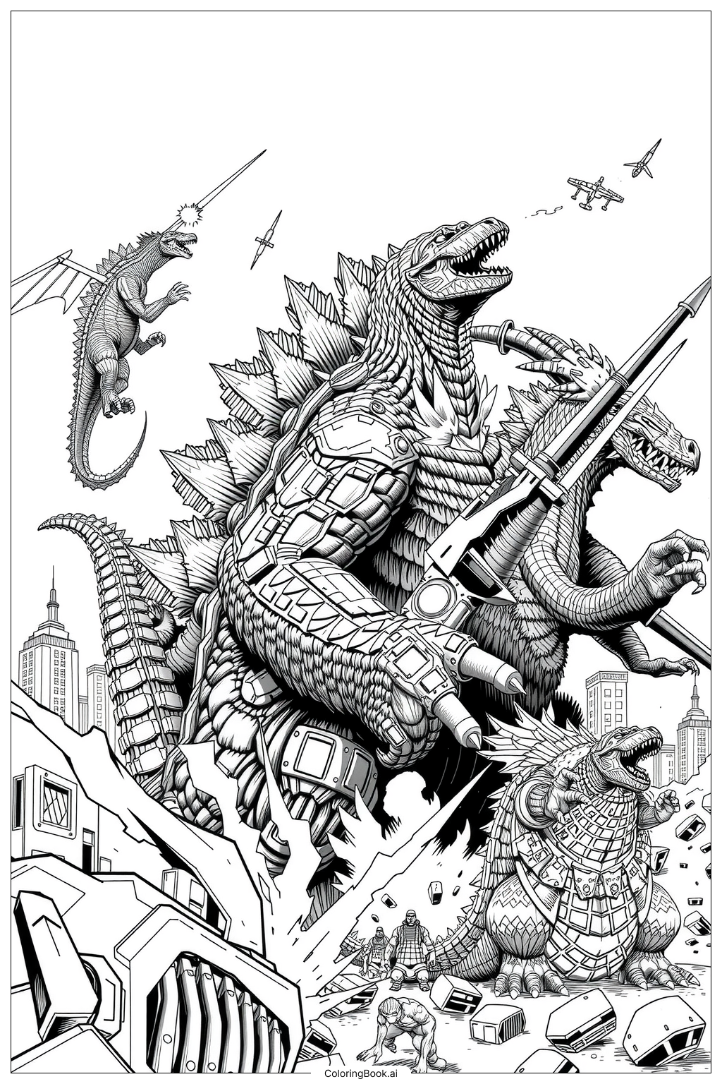 Godzilla Multiple Kaiju War 2 Coloring Page Free PDF PNG Printable 