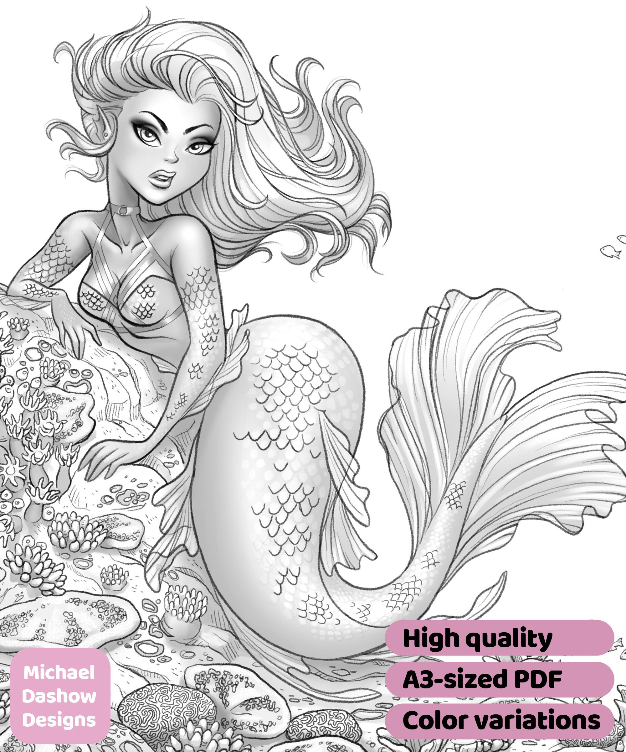 Mermaid Pin up 01 Printable Adult Coloring Page Instant Download Etsy