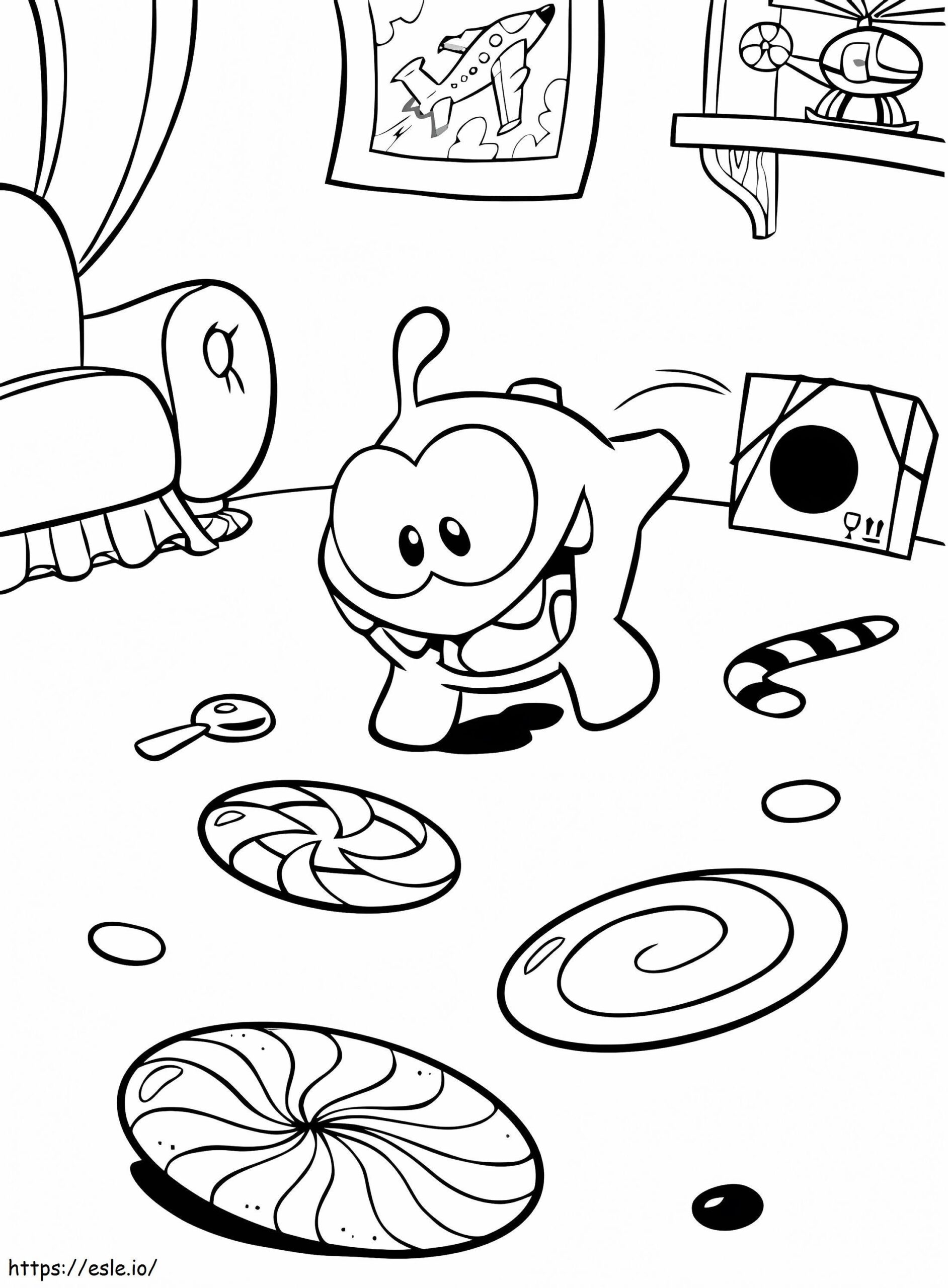 Om Nom Playing With Candy Coloring Page