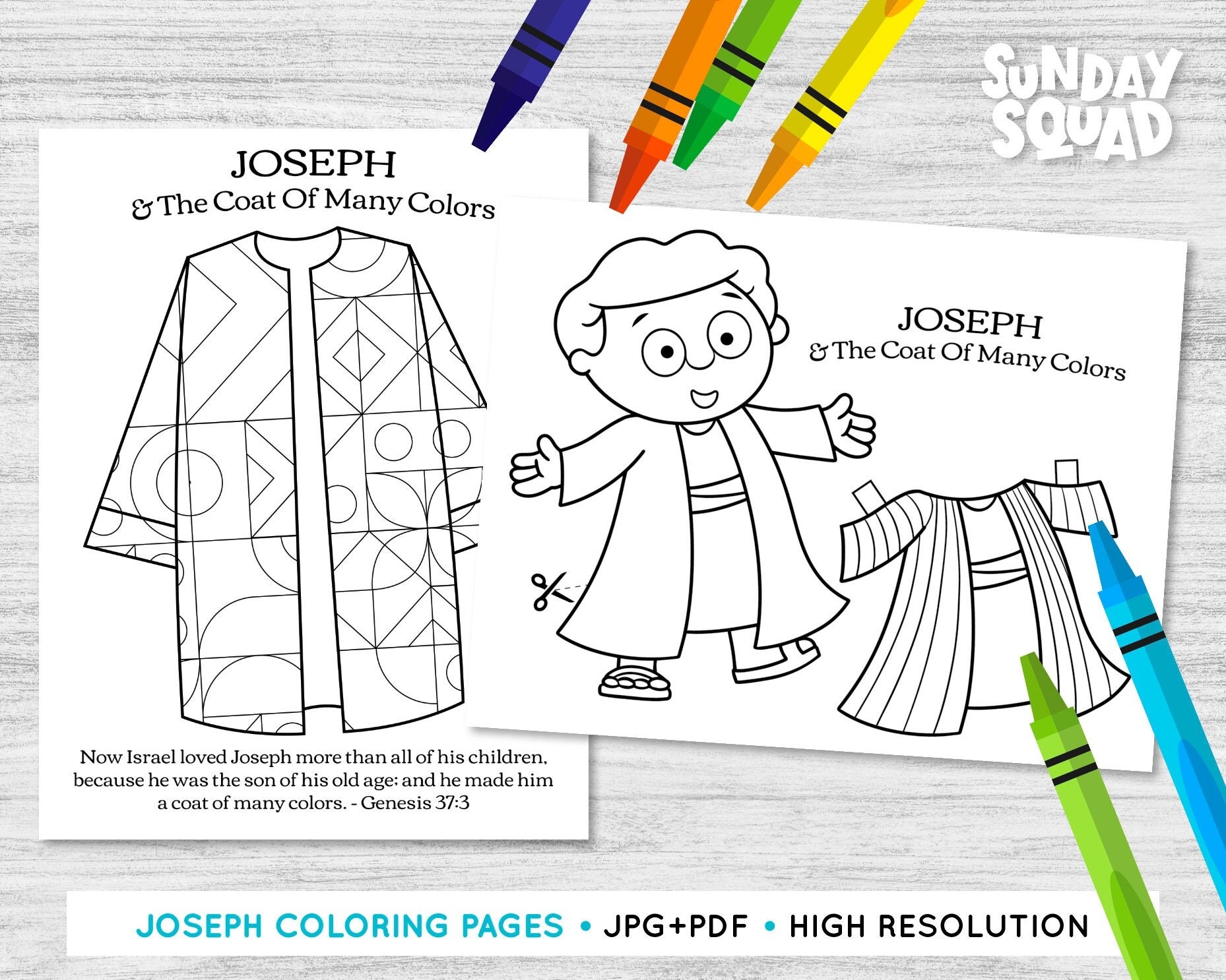 Printable Joseph And The Coat Of Many Colors Set Of 2 Coloring Pages Children Kids Sunday School Church Bible Printable Religious Etsy