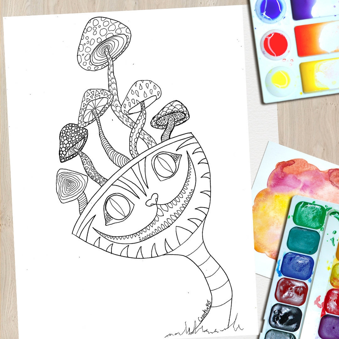 Psychedelic Cheshire Cat With Mushrooms Downloadable Coloring Page For Adults Alice In Wonderland Instant Download Coloring Sheet Etsy