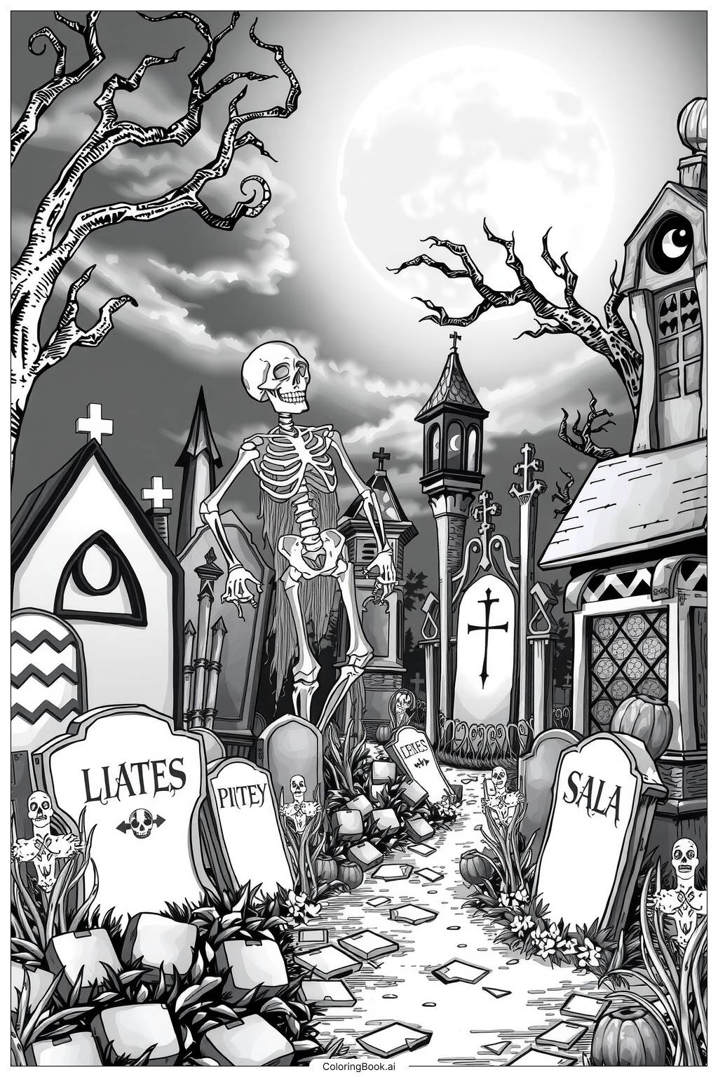 Skeleton Halloween Graveyard Coloring Page Free PDF PNG Printable 